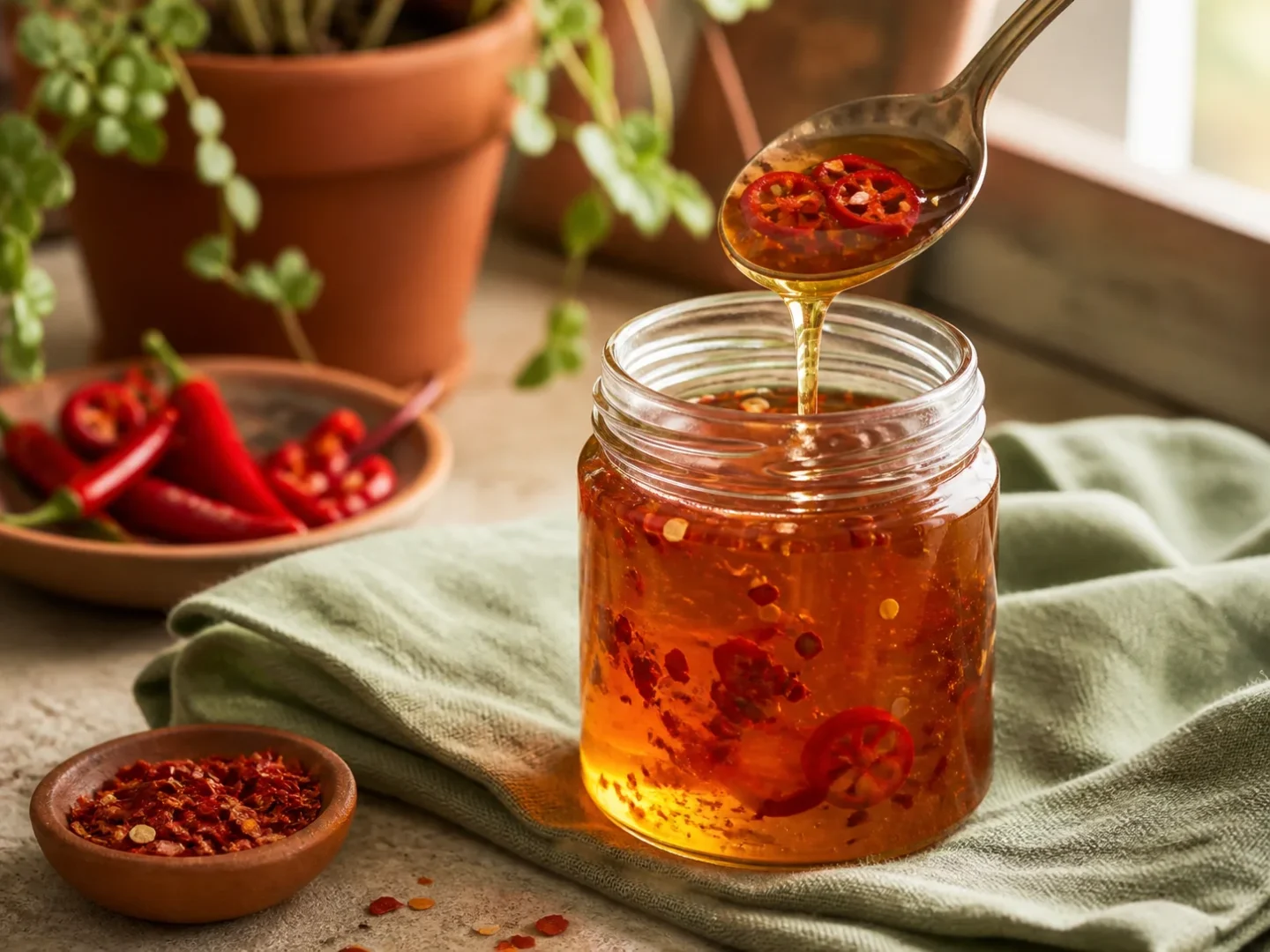 Süß-scharfer Hot Honey mit roten Chiliflocken in einem kleinen Glas