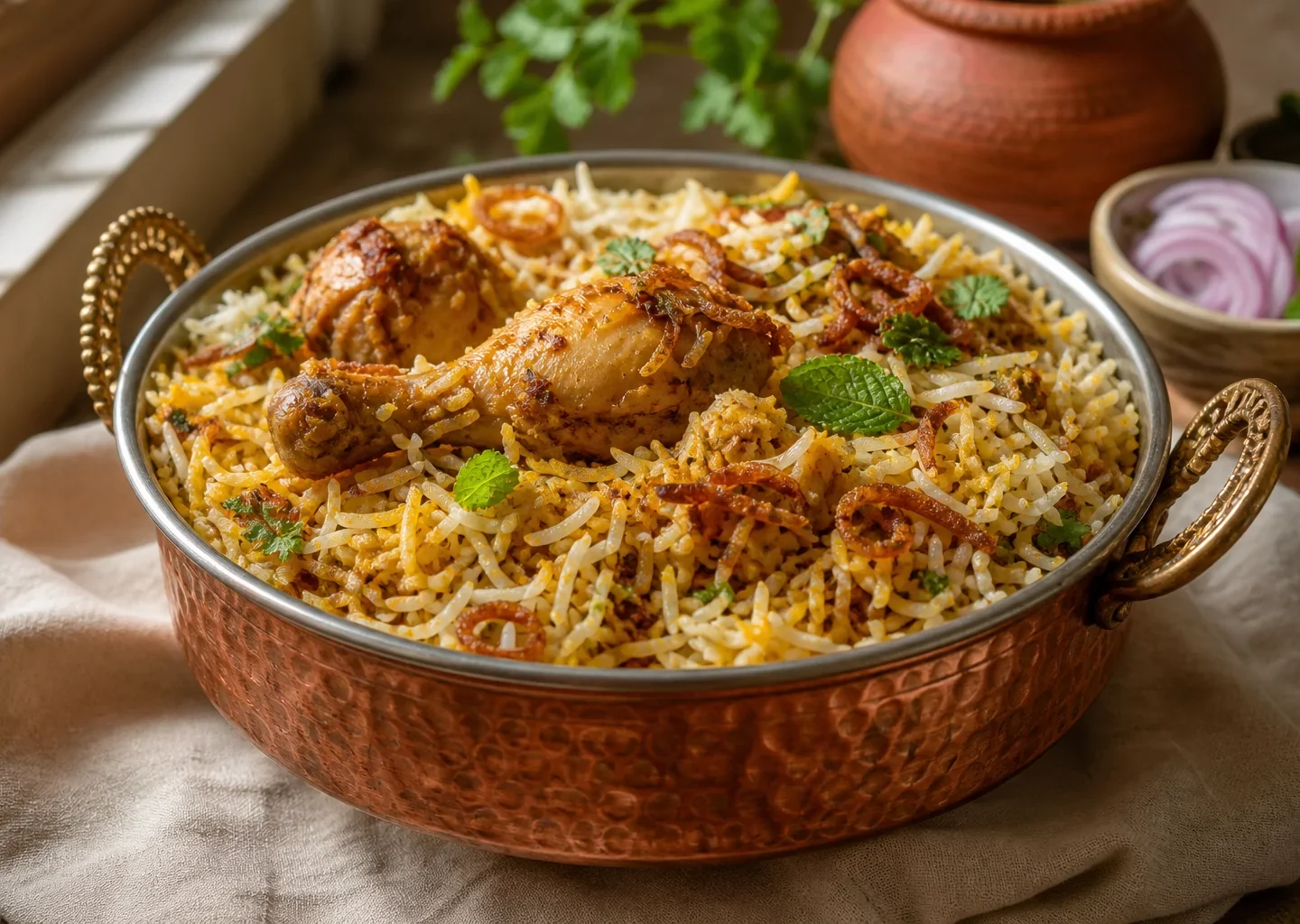 Hyderabadi Chicken Biryani mit Basmatireis, Hähnchen, Röstzwiebeln und Minze