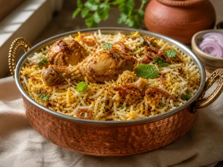 Hyderabadi Chicken Biryani mit Basmatireis, Hähnchen, Röstzwiebeln und Minze