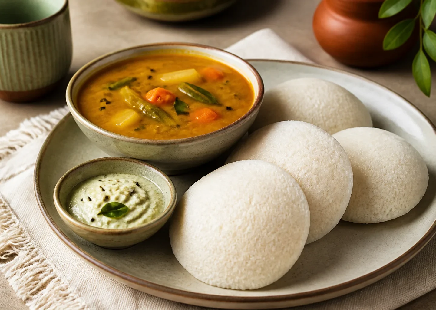 Luftige weiße Idli mit würzigem Sambar und Kokoschutney