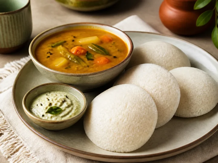 Luftige weiße Idli mit würzigem Sambar und Kokoschutney