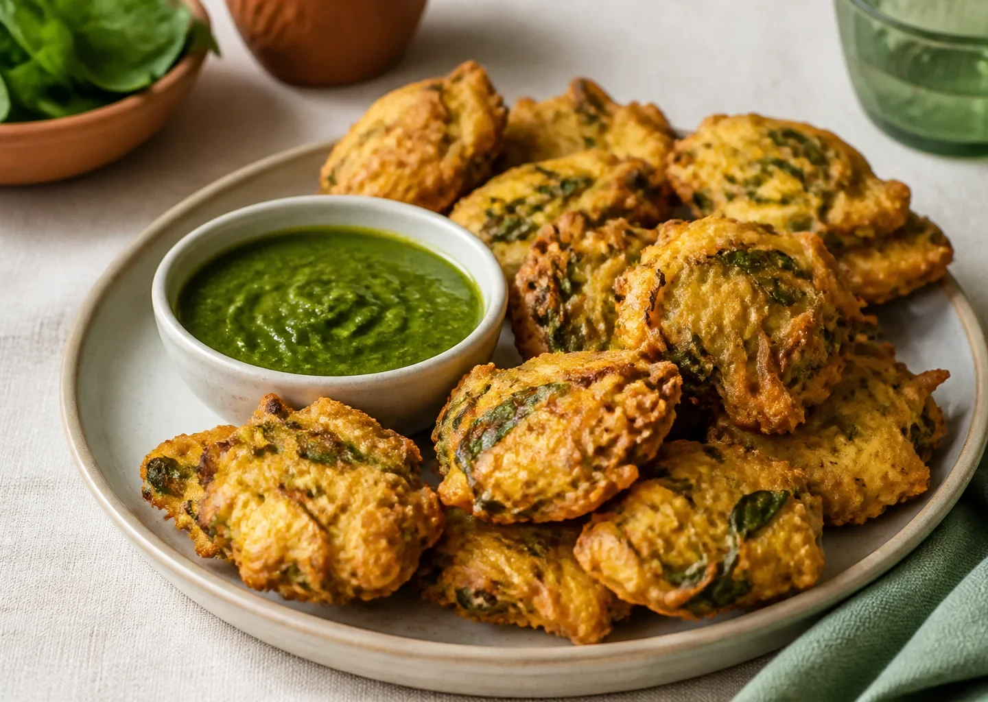 Knusprige indische Gemüse-Pakora mit Zwiebeln, Kartoffeln und Spinat