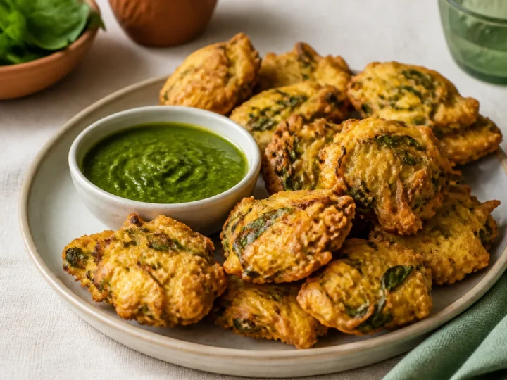 Knusprige indische Gemüse-Pakora mit Zwiebeln, Kartoffeln und Spinat