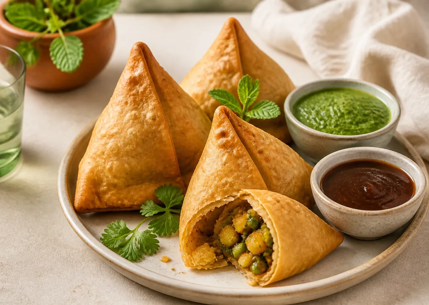 Goldbraune indische Samosas mit sichtbarer Kartoffel-Erbsen-Füllung und Chutney