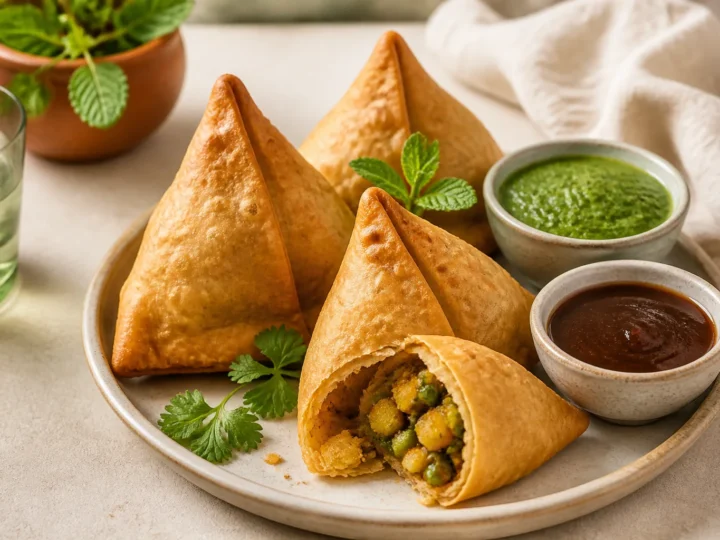 Goldbraune indische Samosas mit sichtbarer Kartoffel-Erbsen-Füllung und Chutney
