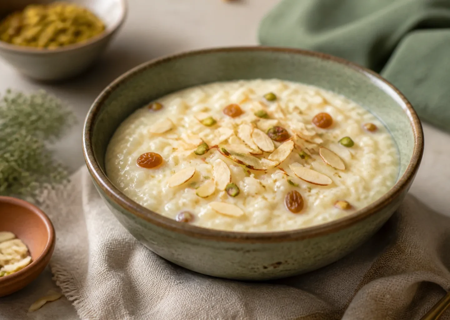 Cremiger indischer Milchreis Kheer mit Safran, Mandeln und Pistazien