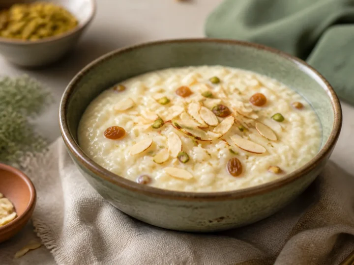 Cremiger indischer Milchreis Kheer mit Safran, Mandeln und Pistazien