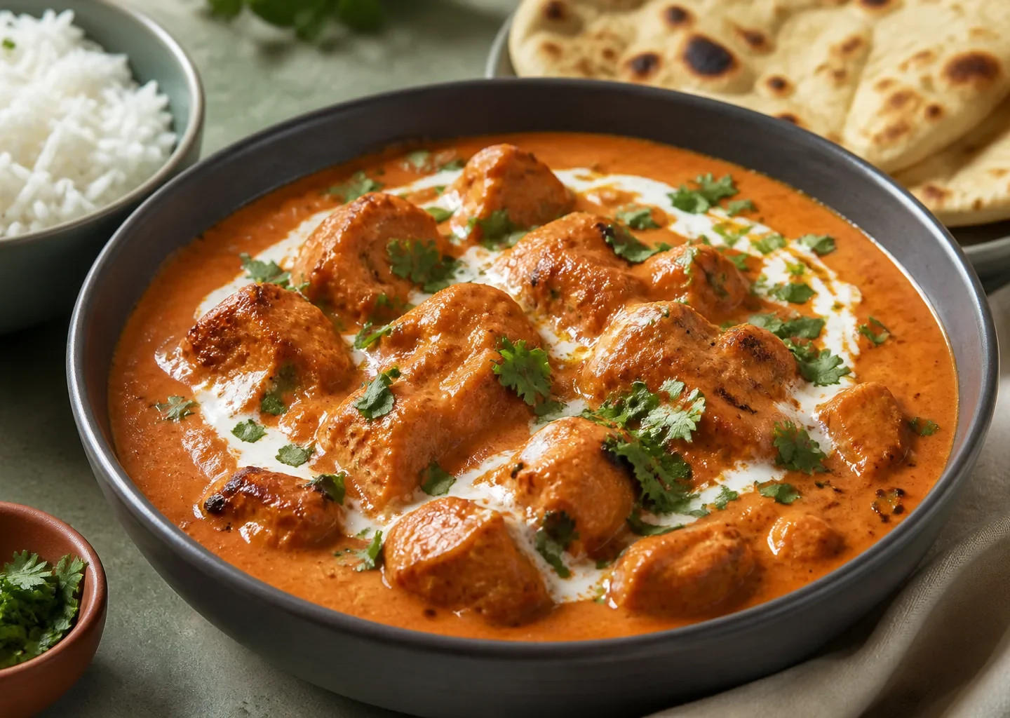 Cremiges indisches Butter Chicken mit Koriander in einer dunklen Schale