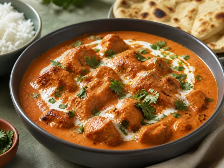 Cremiges indisches Butter Chicken mit Koriander in einer dunklen Schale