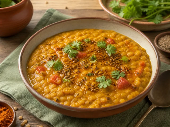 Indisches Dal Fry mit Tomaten, Gewürzöl und frischem Koriander