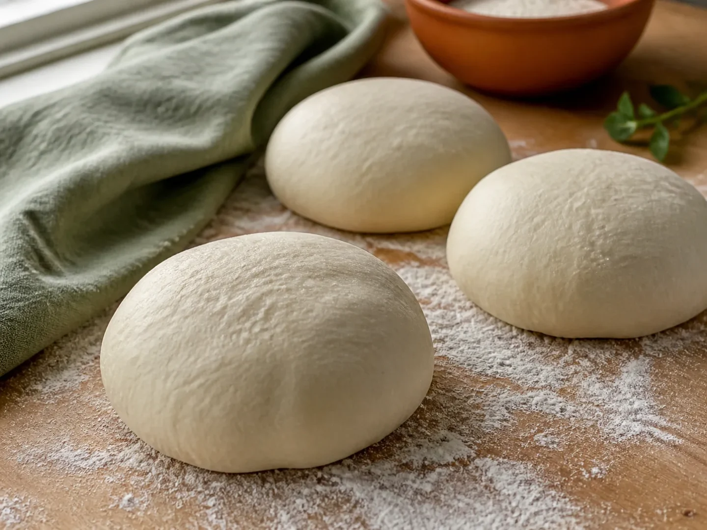 Elastische Kugeln aus gereiftem italienischem Pizzateig auf bemehlter Fläche