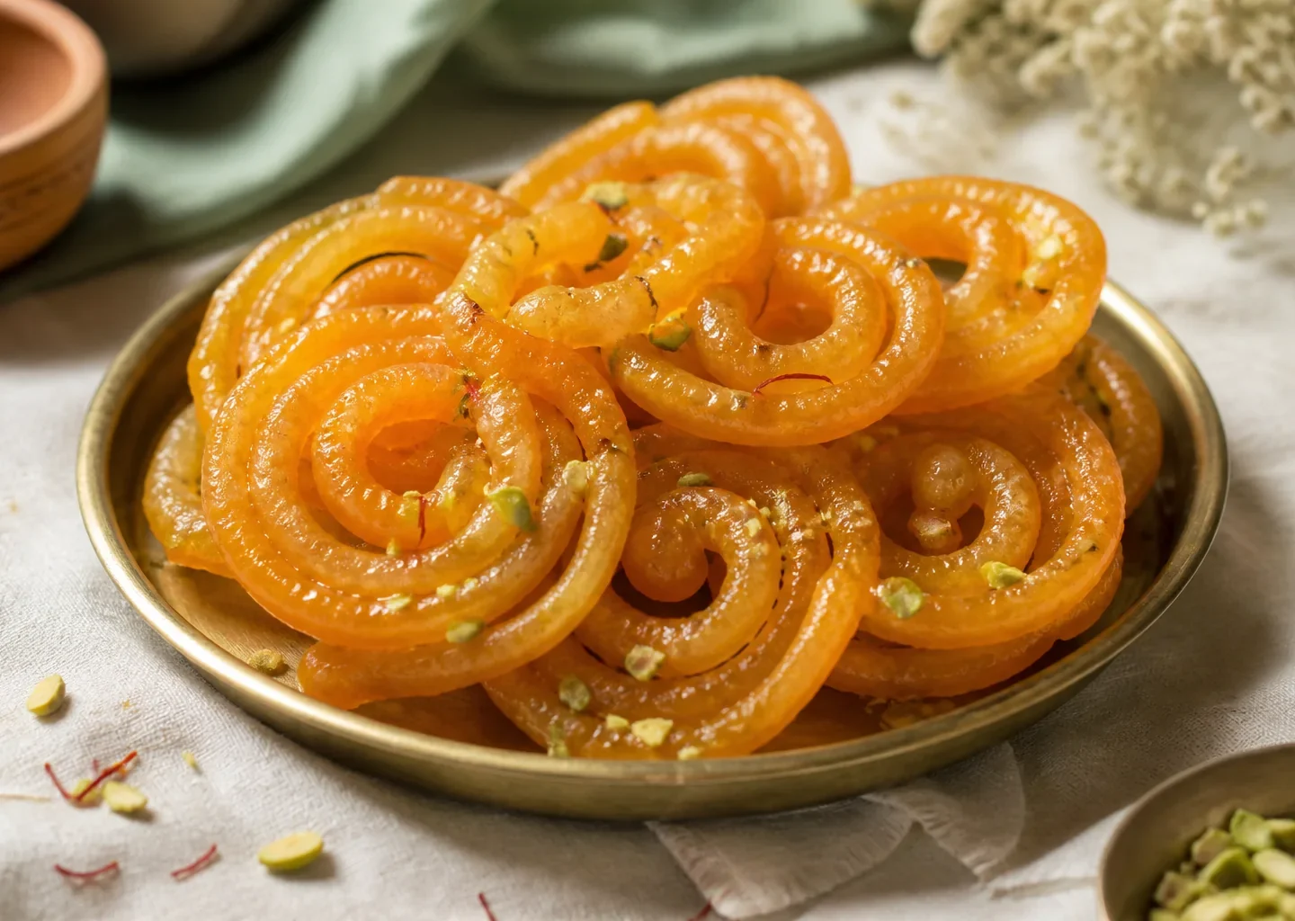 Goldene knusprige Jalebi-Spiralen mit Safransirup und Pistazien