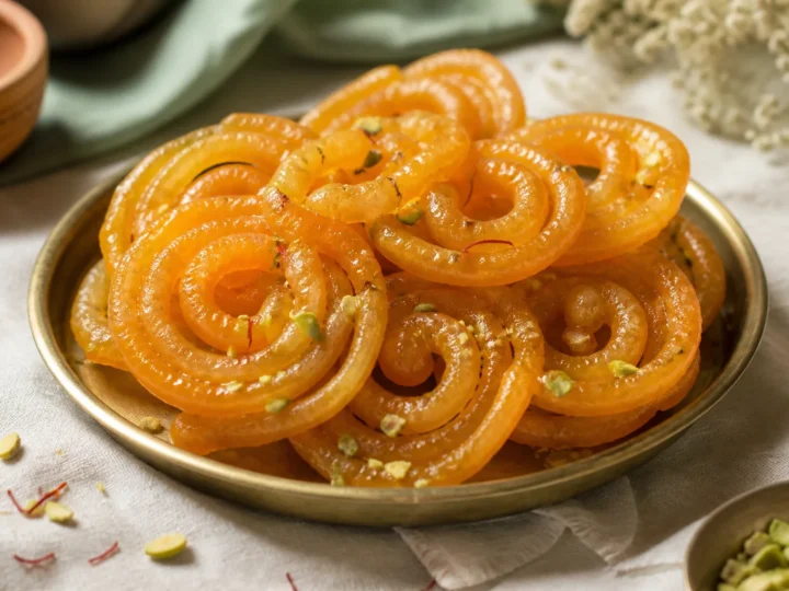Goldene knusprige Jalebi-Spiralen mit Safransirup und Pistazien