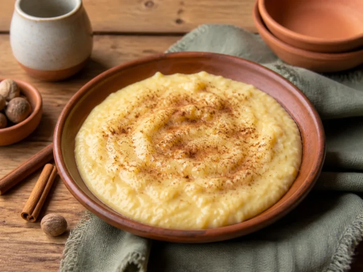 Cremiger jamaikanischer Maisbrei mit Zimt und Muskat in einer Schale