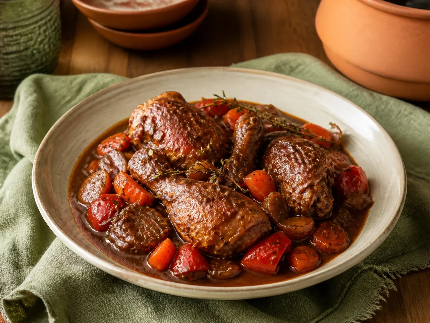 Jamaikanisches Brown Stew Chicken mit Möhren, Paprika und dunkler Sauce