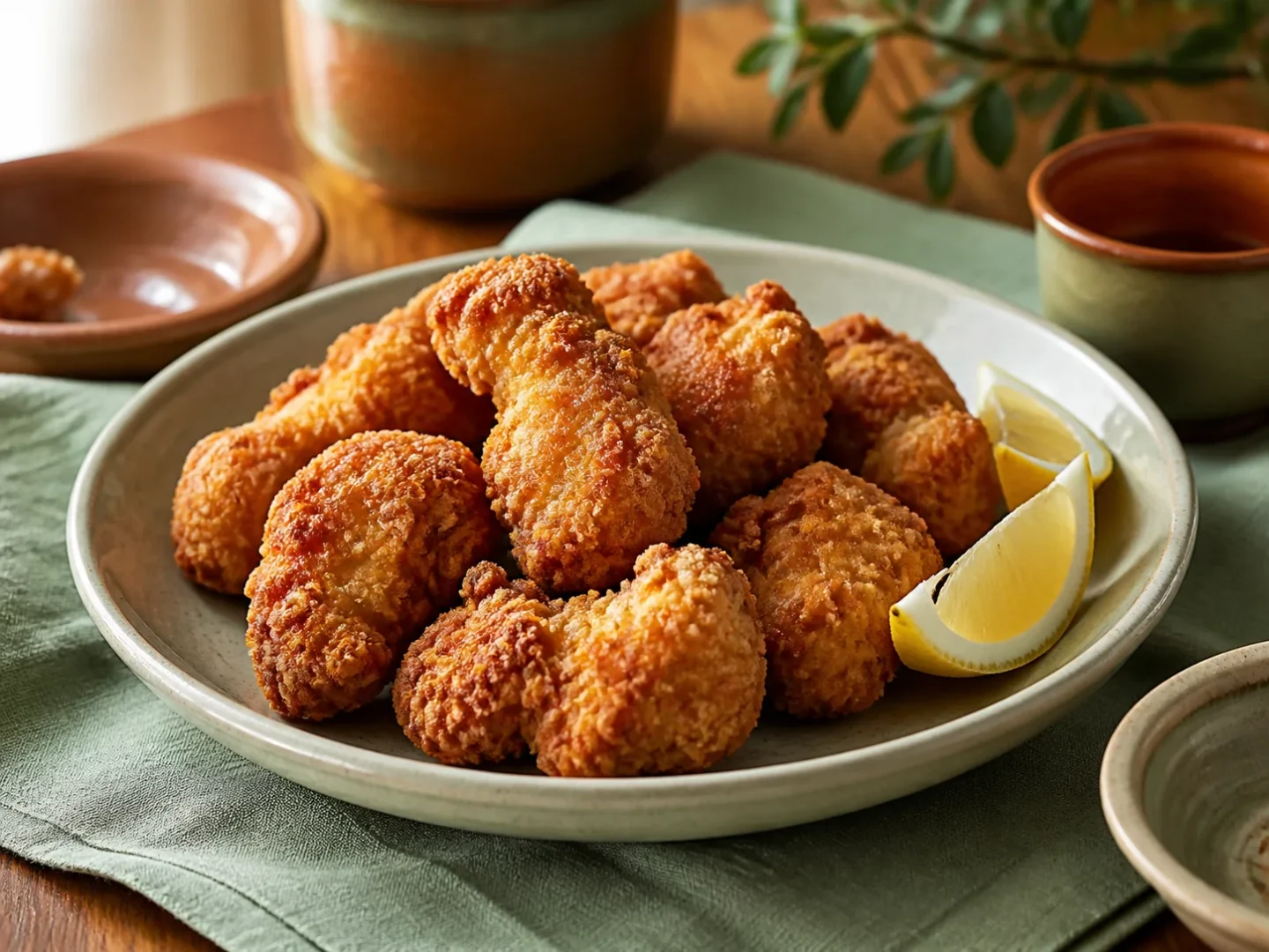 Japanisches Chicken Karaage mit knusprigen Hähnchenstücken und Zitronenspalten