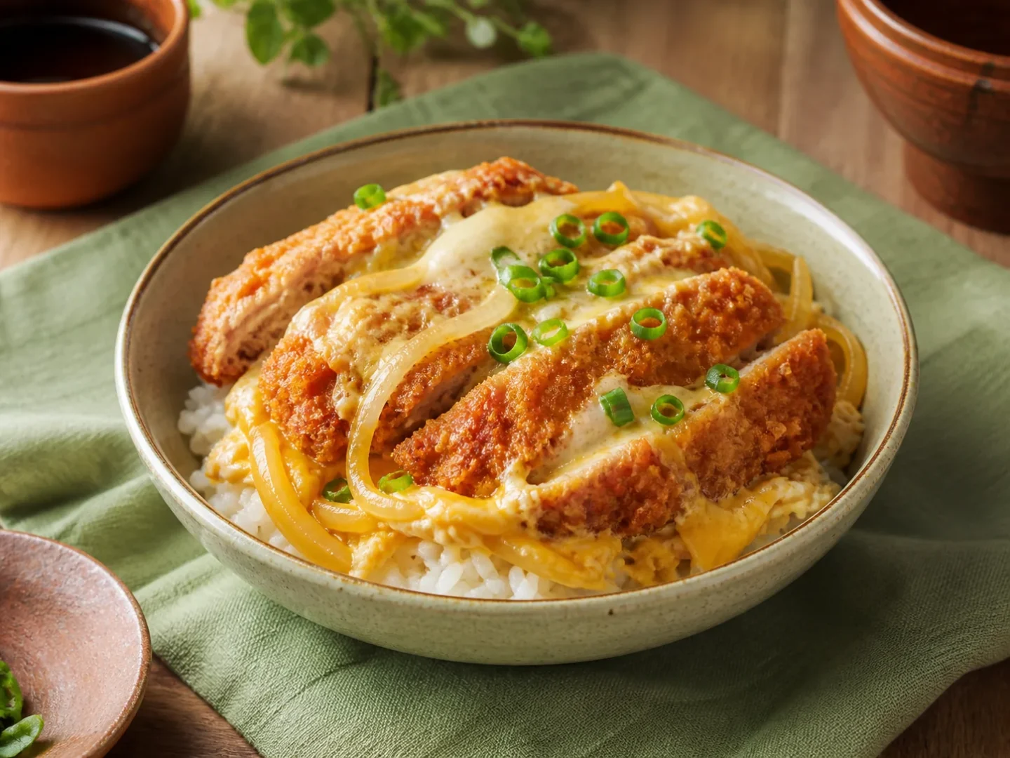 Japanisches Katsudon mit Schweineschnitzel, Ei, Zwiebeln und Reis