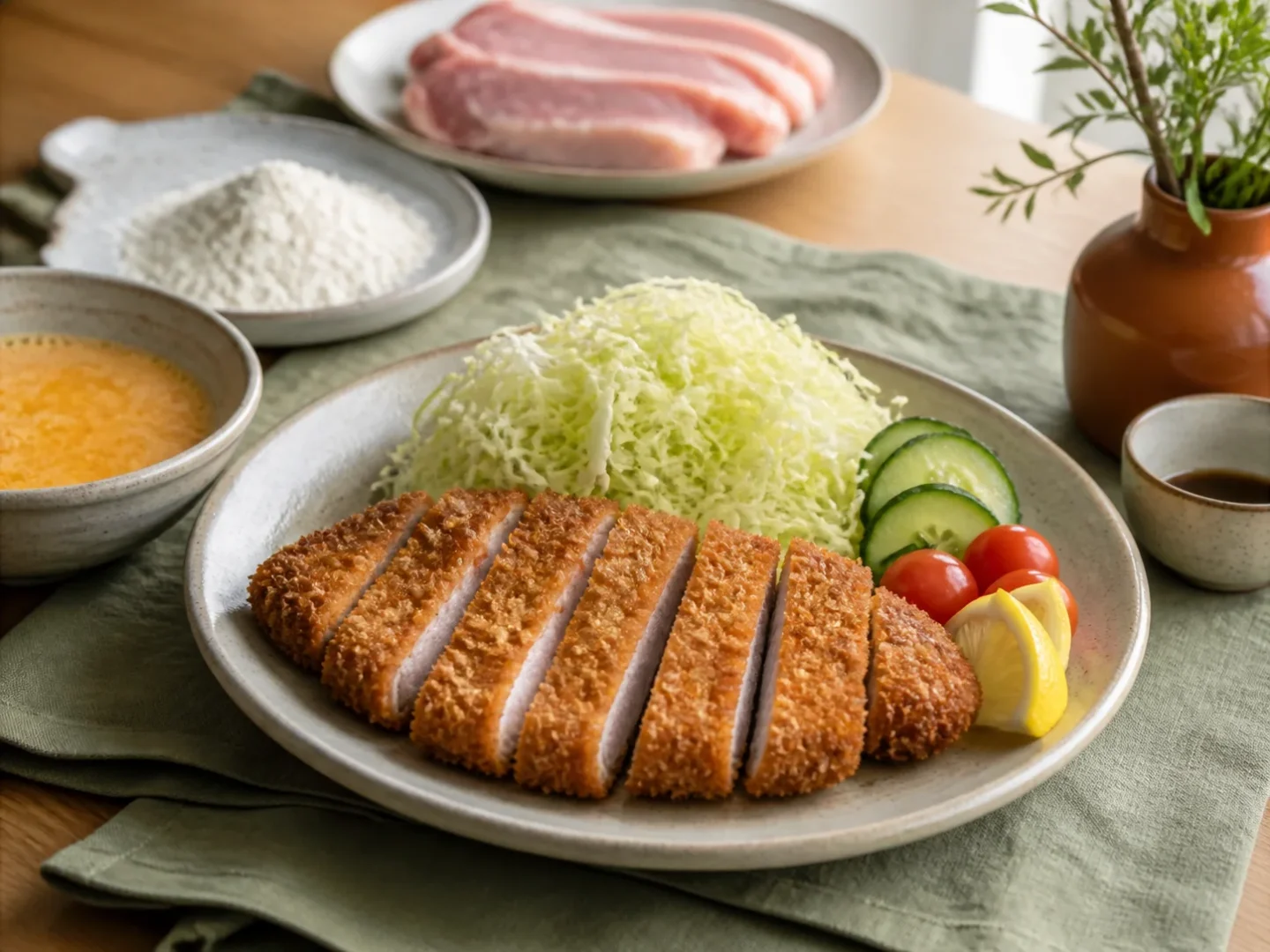 Japanisches Tonkatsu, fertig angerichtet auf einem Teller
