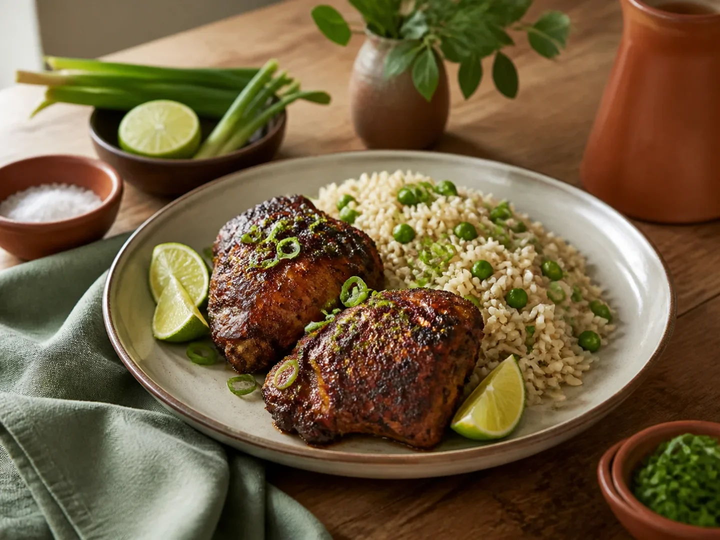 Jerk Chicken mit Reis und Erbsen, fertig angerichtet auf einem Teller