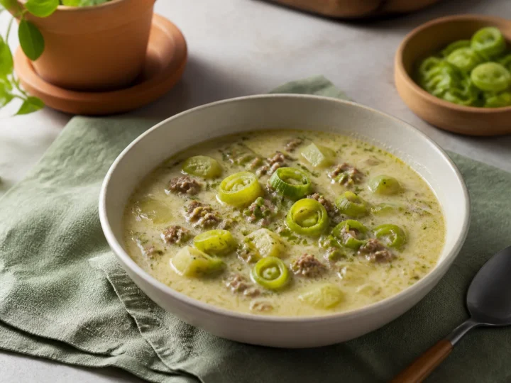 Cremige Käse-Lauch-Suppe mit Hackfleisch, Kartoffeln und frischen Lauchringen