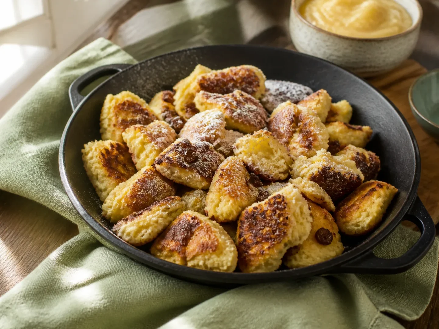 Luftiger Kaiserschmarrn mit Puderzucker und Rosinen in einer Pfanne