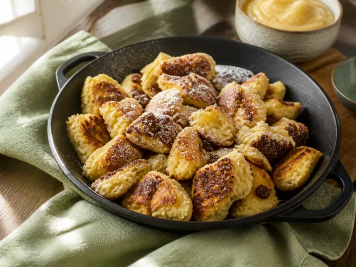 Luftiger Kaiserschmarrn mit Puderzucker und Rosinen in einer Pfanne