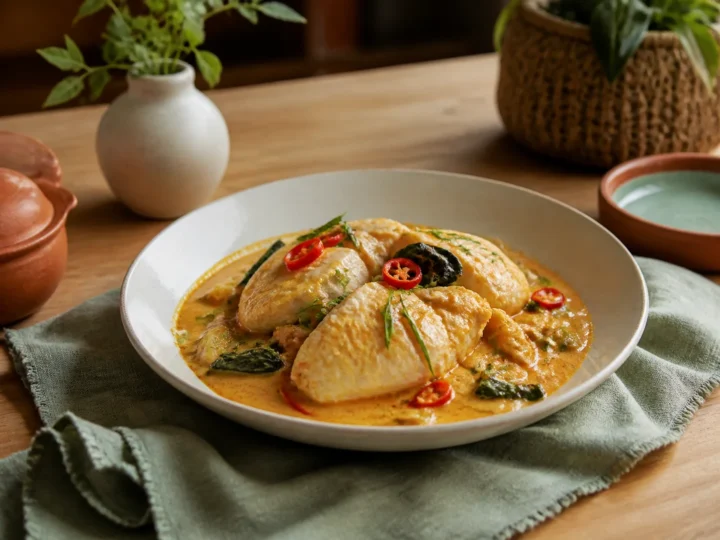 Kambodschanisches Fischcurry Amok Trey, fertig angerichtet auf einem Teller