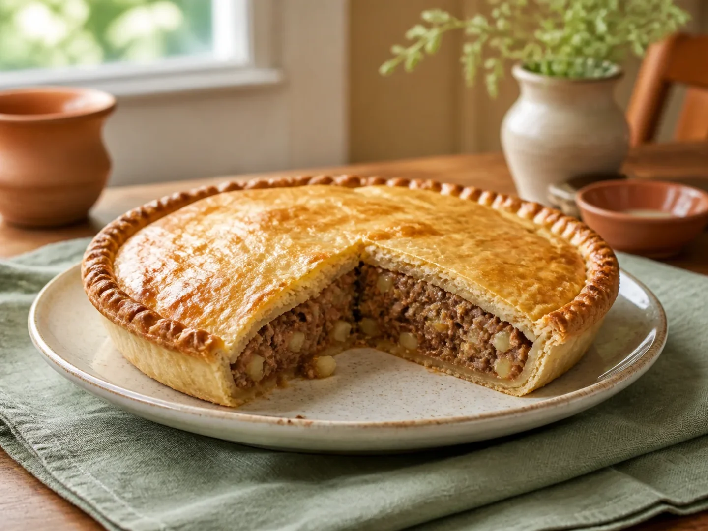 Kanadische Tourtière, fertig angerichtet auf einem Teller