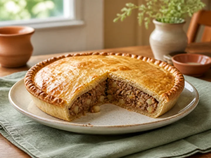 Kanadische Tourtière, fertig angerichtet auf einem Teller