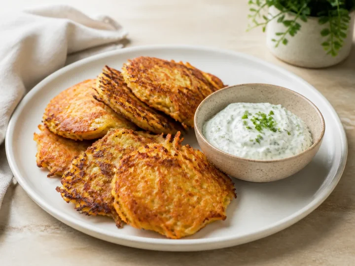 Goldbraune Kartoffel-Möhren-Puffer mit Kräuterquark auf einem hellen Teller