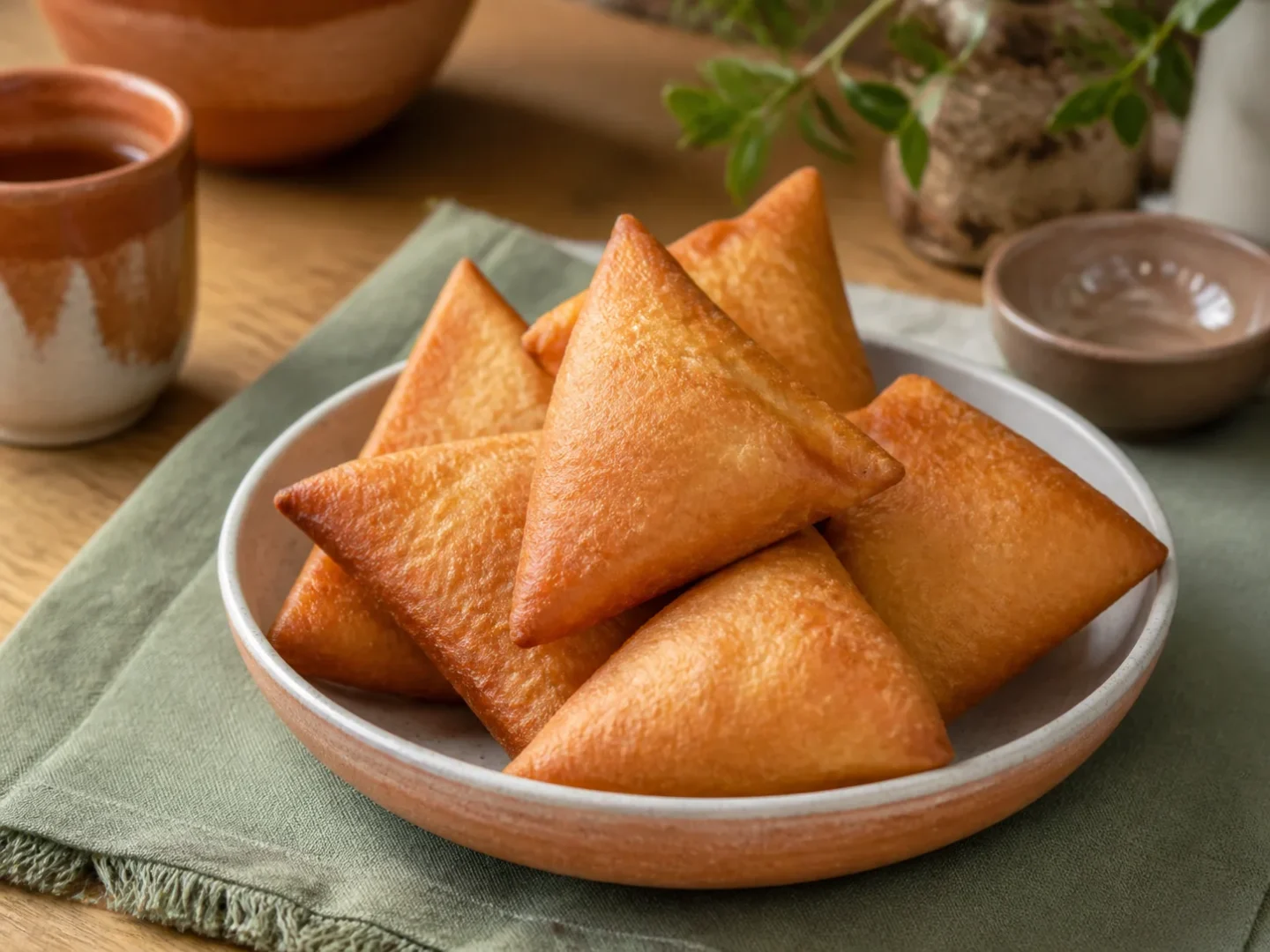 Kenianische Mandazi als goldbraune dreieckige Teigkrapfen