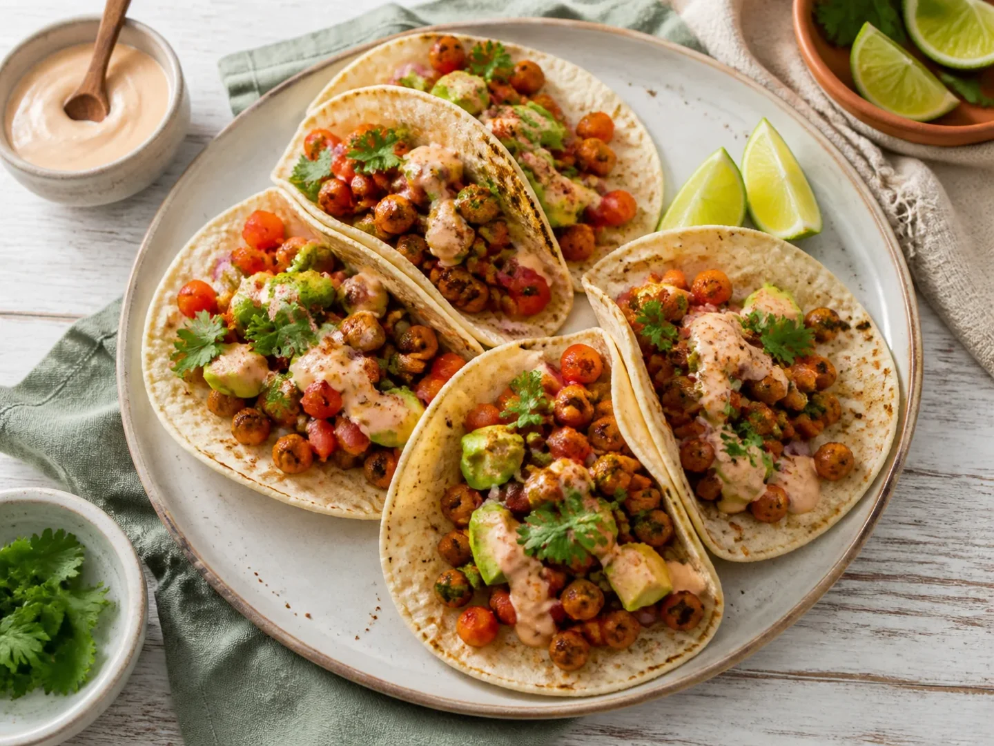 Vier Kichererbsen-Fajitas mit Avocado, Tomatensalsa und Koriander