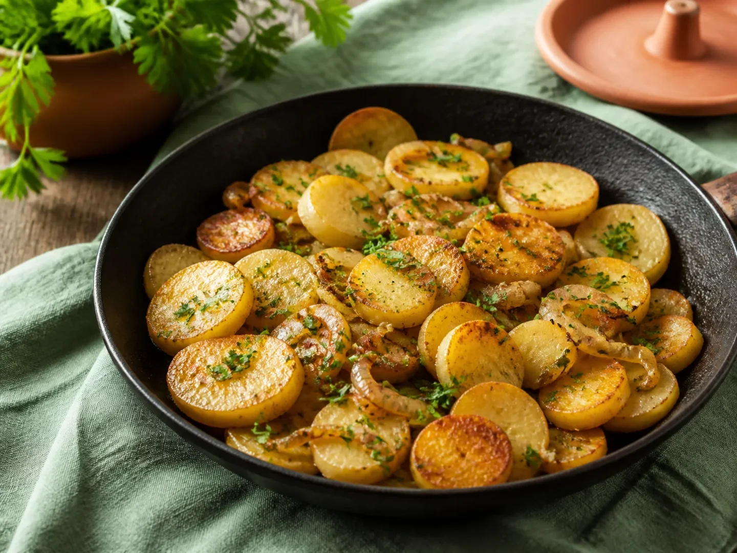 Knusprige klassische Bratkartoffeln mit goldenen Zwiebeln und Petersilie