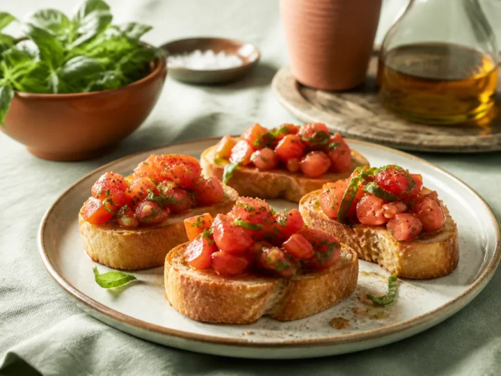 Klassische Bruschetta mit gewürfelten Tomaten, Basilikum und geröstetem Ciabatta