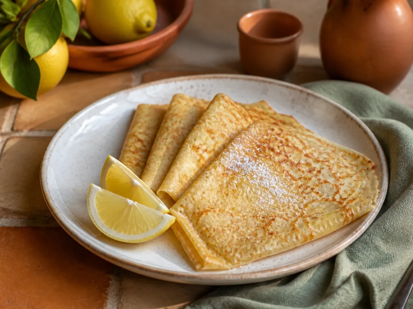 Hauchdünne klassische Crêpes gefaltet mit Zitronenspalten und Puderzucker
