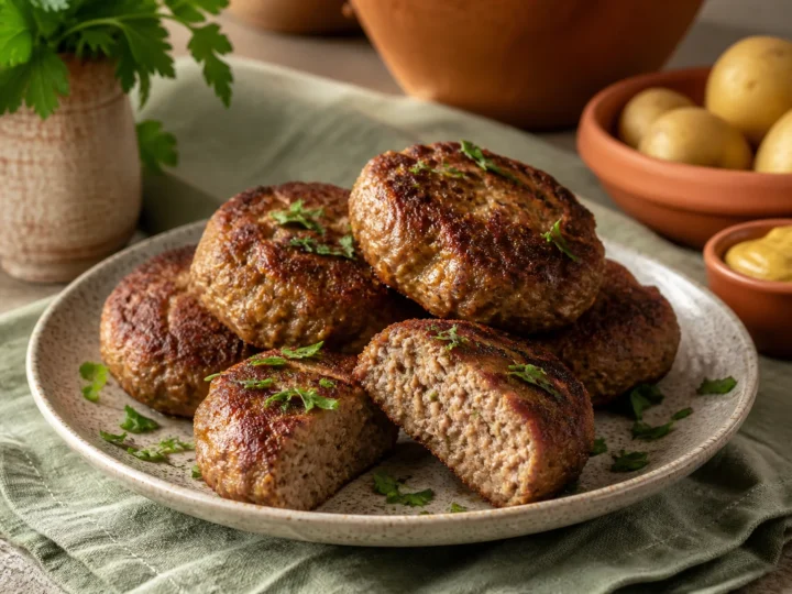 Saftige klassische Frikadellen mit brauner Kruste und Petersilie