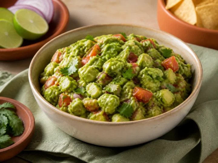 Frische klassische Guacamole mit Tomaten, Zwiebeln und Koriander