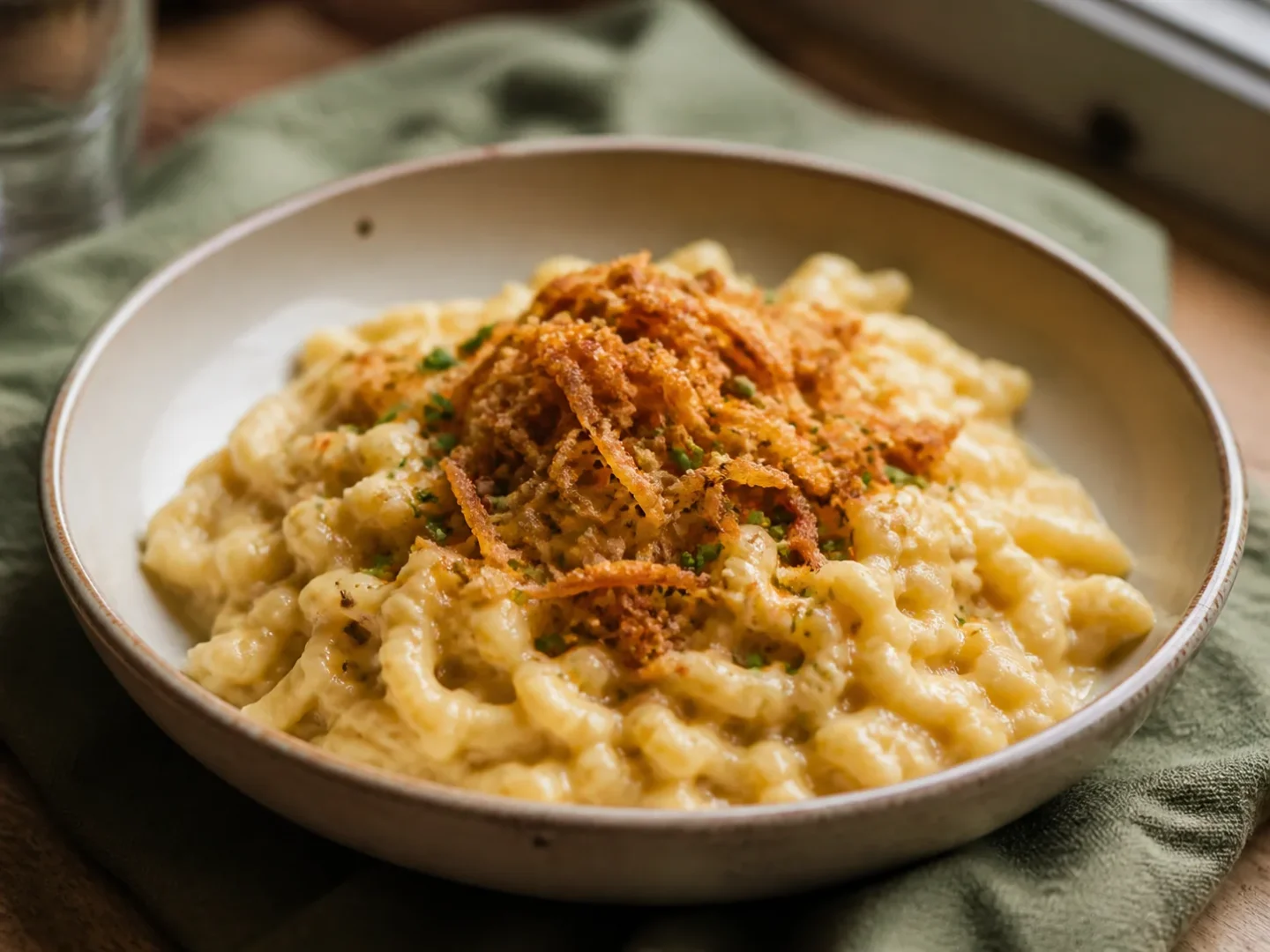 Klassische Käsespätzle mit geschmolzenem Bergkäse und knusprigen Röstzwiebeln