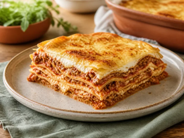 Klassische Lasagne mit Rinderragout, Pastaschichten und goldener Käsekruste
