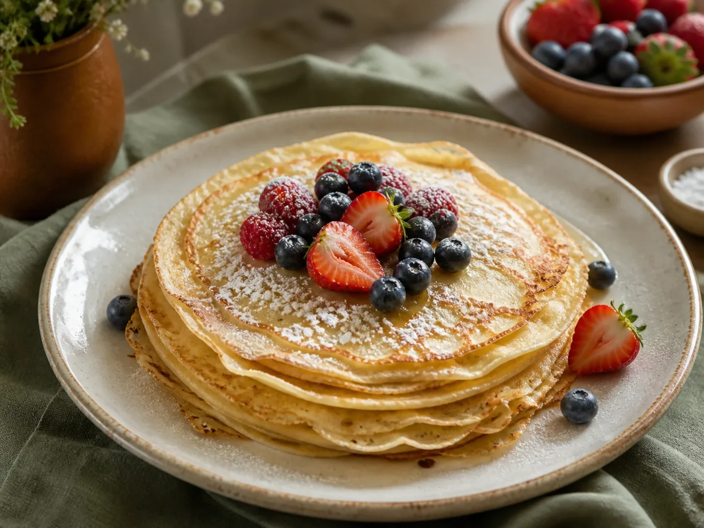 Stapel goldbrauner klassischer Pfannkuchen mit frischen Beeren