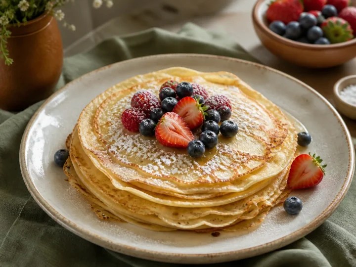 Stapel goldbrauner klassischer Pfannkuchen mit frischen Beeren