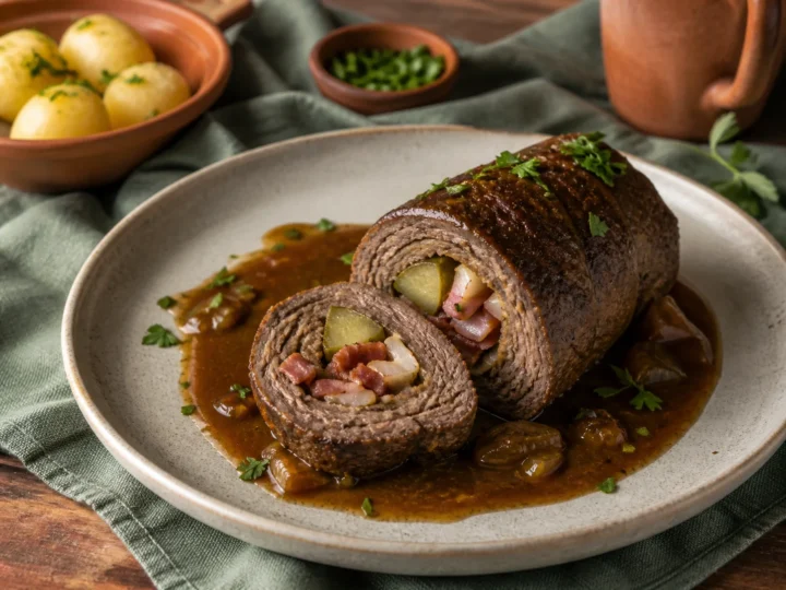 Aufgeschnittene klassische Rinderroulade mit Speck, Gurke und dunkler Schmorsoße