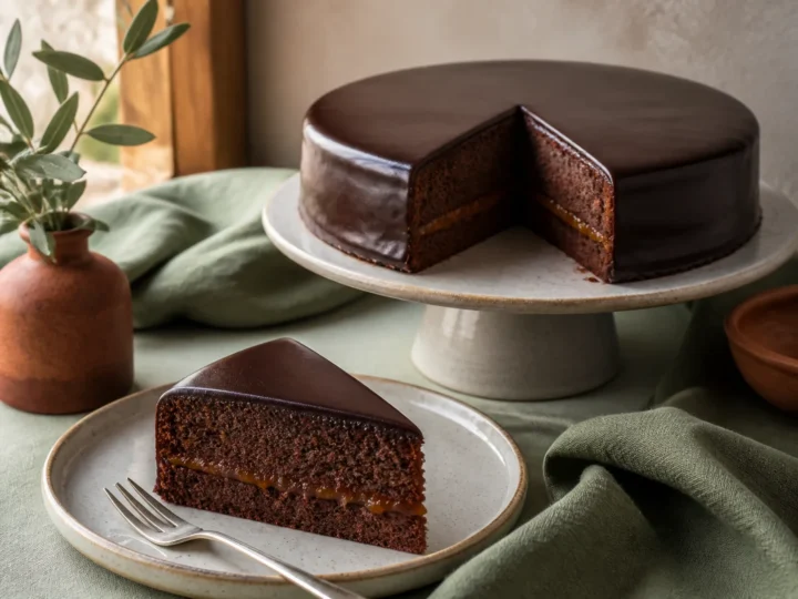 Klassische Sachertorte mit glänzender Schokoladenglasur und sauberem Anschnitt