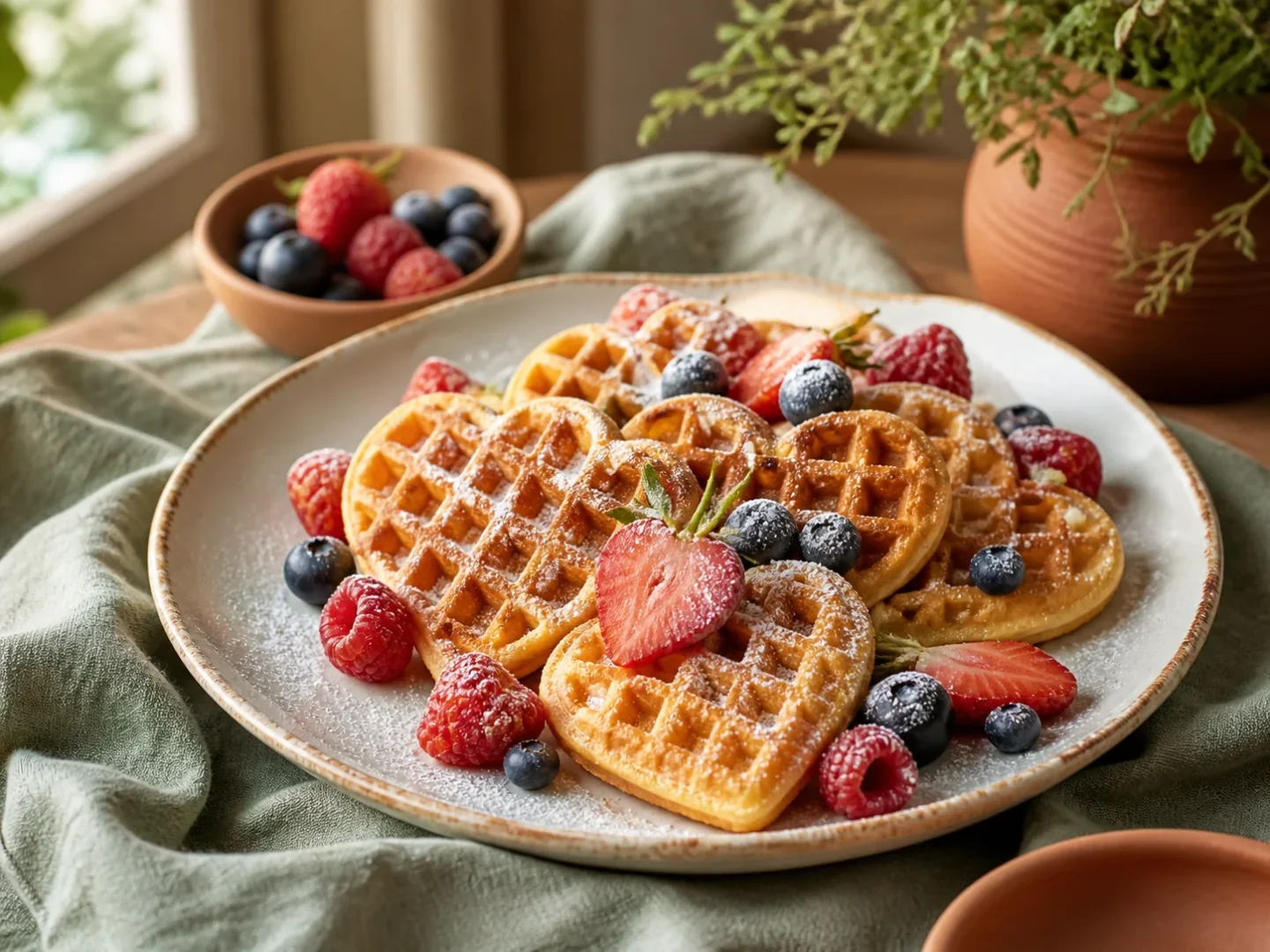 Goldbraune Herzwaffeln mit Puderzucker und Beeren