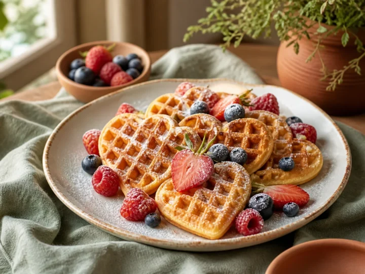 Goldbraune Herzwaffeln mit Puderzucker und Beeren