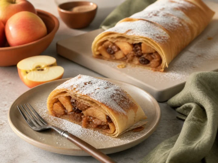 Klassischer Apfelstrudel mit dünnem Teig, saftiger Apfelfüllung und Puderzucker