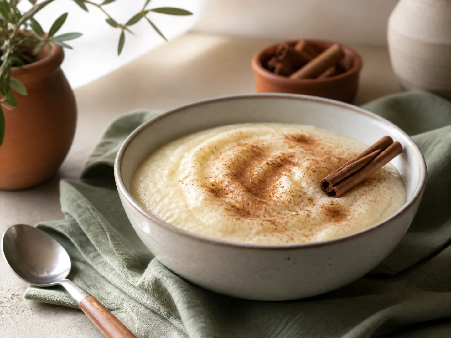 Cremiger klassischer Grießbrei mit Zimt in einer Keramikschale