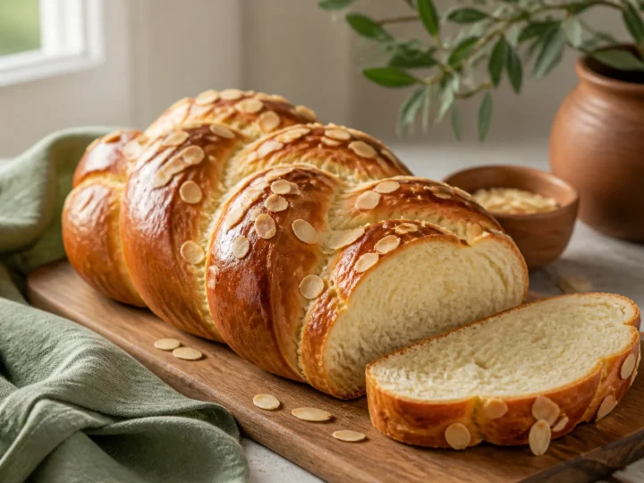 Goldbrauner klassischer Hefezopf mit glänzender Oberfläche und Mandelblättchen