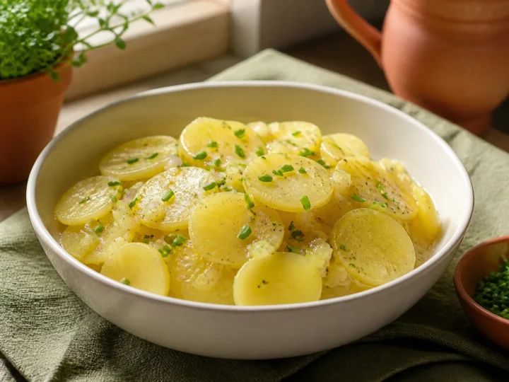 Süddeutscher Kartoffelsalat mit Brühe und frischem Schnittlauch