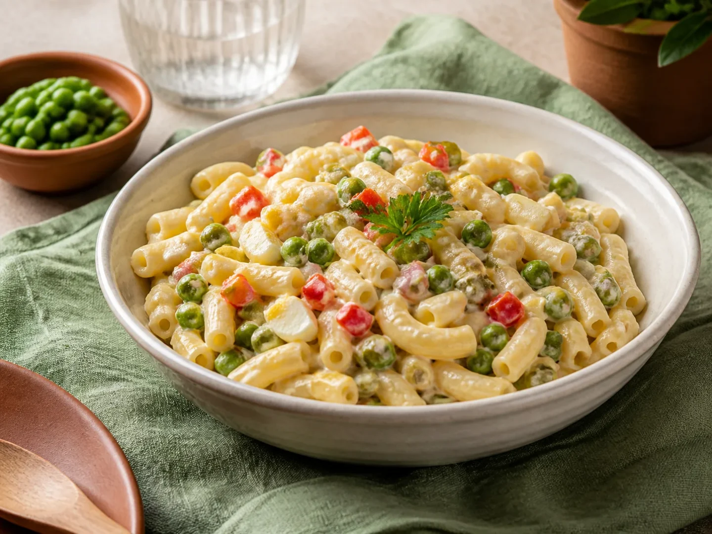 Klassischer cremiger Nudelsalat mit Erbsen, Paprika und Ei